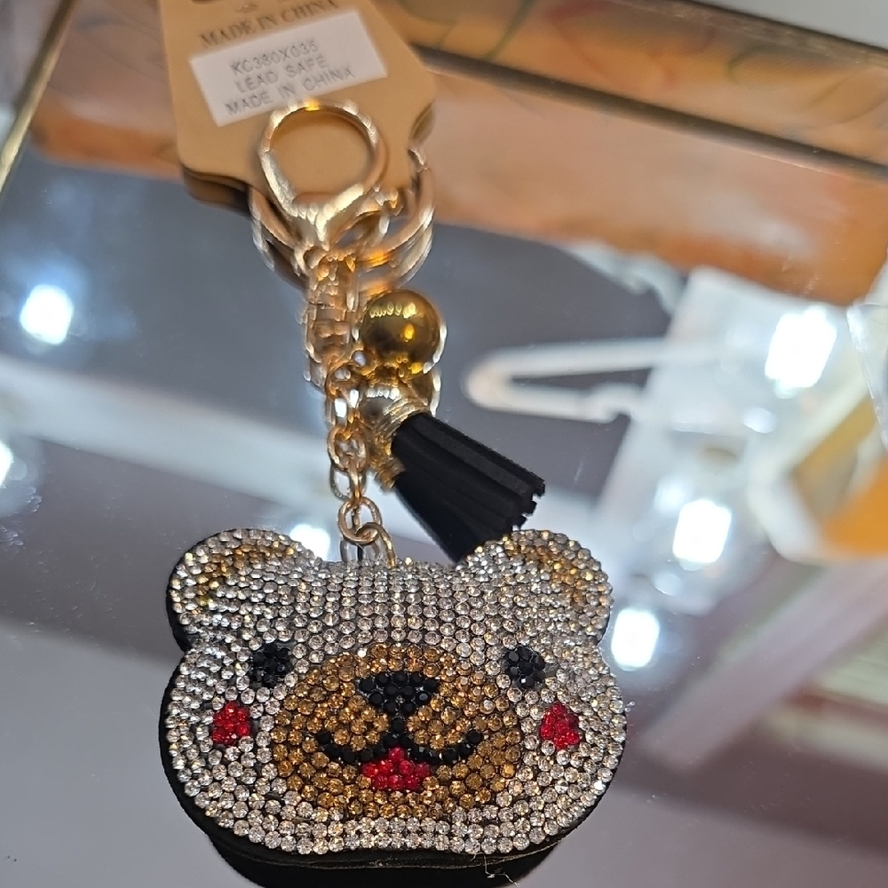Sparkly Rhinestone Bear Keychain with Gold Hardware